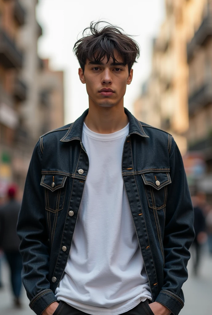 white skin man, 30years, shirt and casual jacket, messy dark brown straight hair