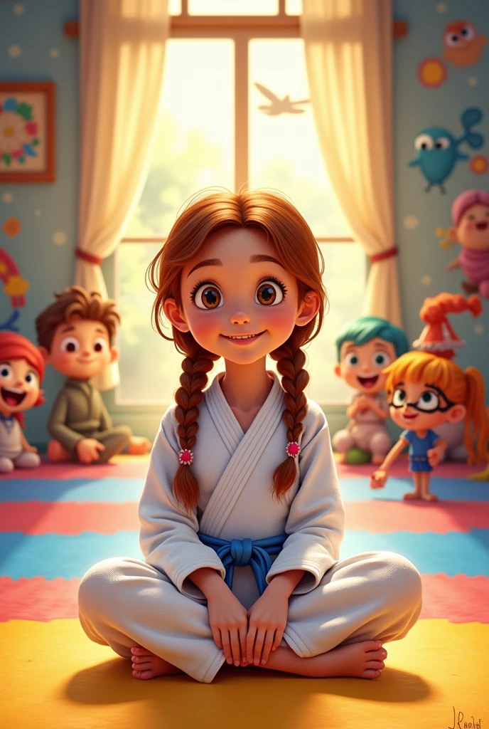 child,, chestnut hair, with braid , white belt jiujitsu, drawning , disney