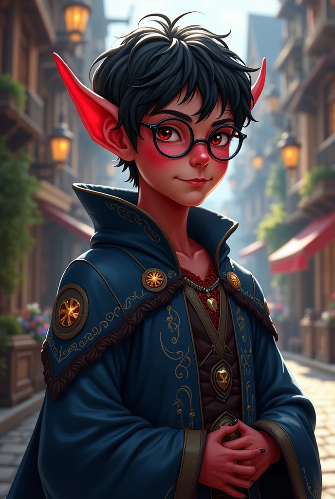 Young tiefling wizard with short wavy black hair wearing medieval glasses and robe
