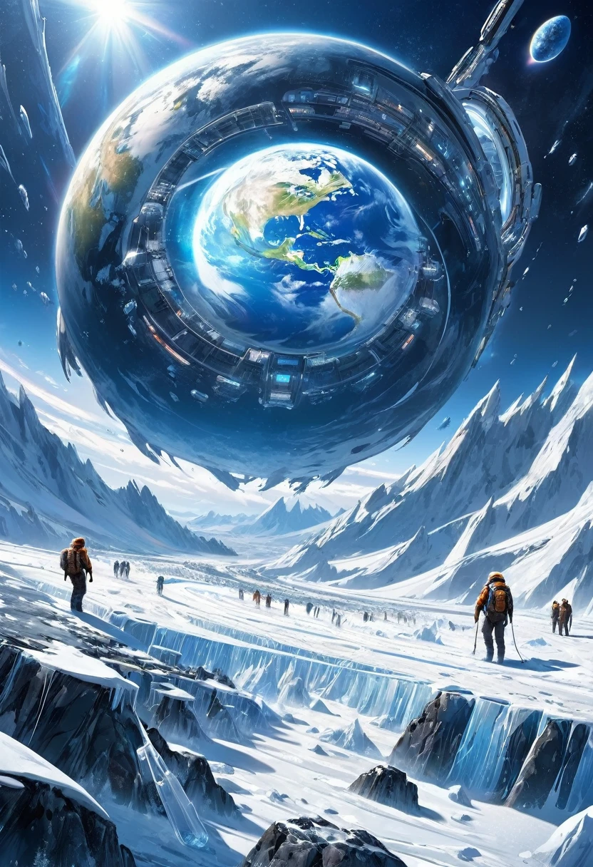 Future Earth in the ice, human crisis, exploring space with technology, frontier science fantasy, space migration, best image quality.