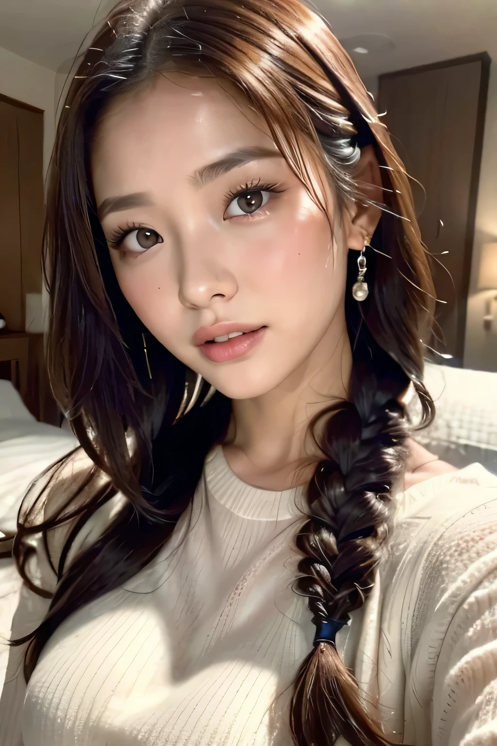 (((Woman lying on bed in bedroom)))、Accentuate your breasts、See-through white tight sweater dress、Off-the-shoulder tight sweater dress、(Reddish brown wet shiny hair)、(Floral編み込みカチューシャ、Half Up、Floral,),(Space Knitting、Voluminous fishtail braid、Twisted pan、)、(The bangs are see-through)、hairpin、hair ornaments、Blushing cheeks、Pointed red mouth、Large Breasts、Perfect body line、Beautiful clavicle、Wet Hair、Wet Face、Wet body、Wet Skin、Wet costume、Detailed clothing features、Detailed hair features、Detailed facial features、Looking into the camera、(Dynamic Angle)、(Dynamic and sexy pose) )、Cinema Lights、(masterpiece、Highest quality、Ultra-high resolution output images、Write Boundary Depth、Intricate details、Add depth to your subject with contrast between light and shadow、)、Digital Illustration、Single-lens reflex camera、(Realistic:1.3)、(8K quality、Anatomically correct facial structure、)、(Picture Mode Ultra HD、)