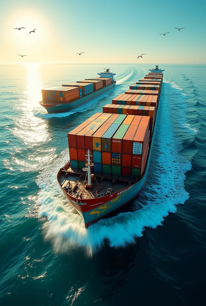 Barges with containers crossing the sea with the maps of South America and Asia