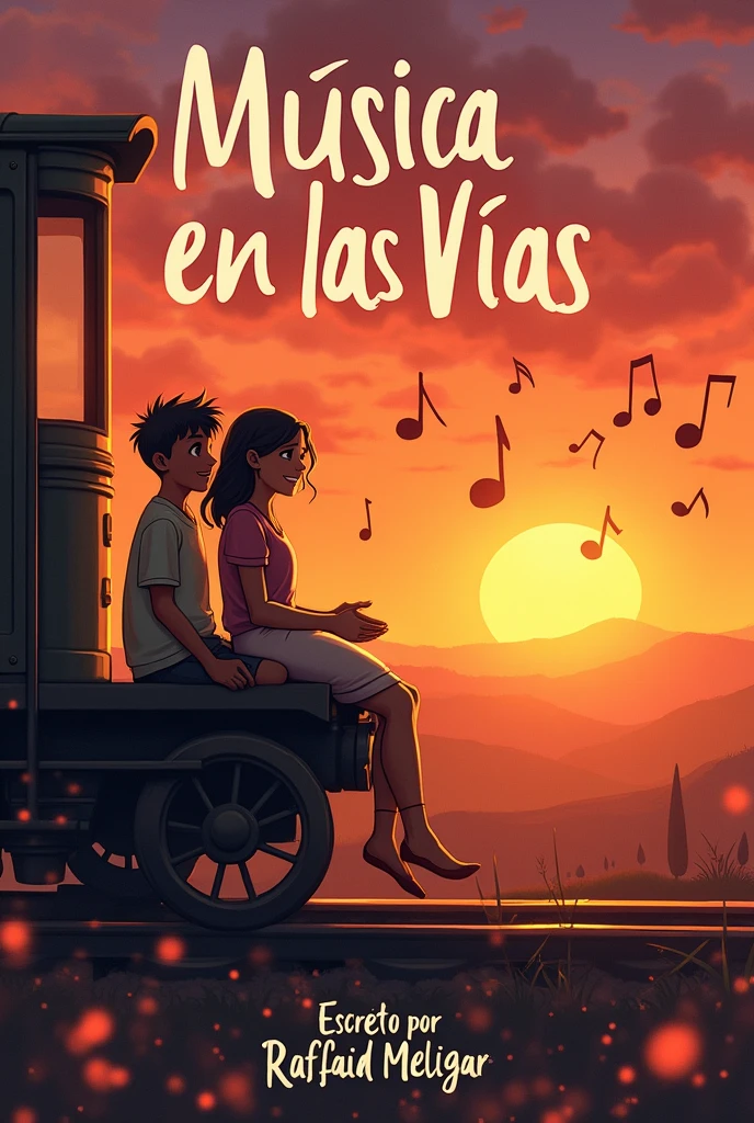 Wanna, that in the image there are 2 people a boy and a girl of , in a sunset, on a train, below all that, that you put a treble clef, The title will be: Music on the Rails that put it up, below next to the treble clef I want you to put: Written by Rafael Melgar, those two parts in Spanish.