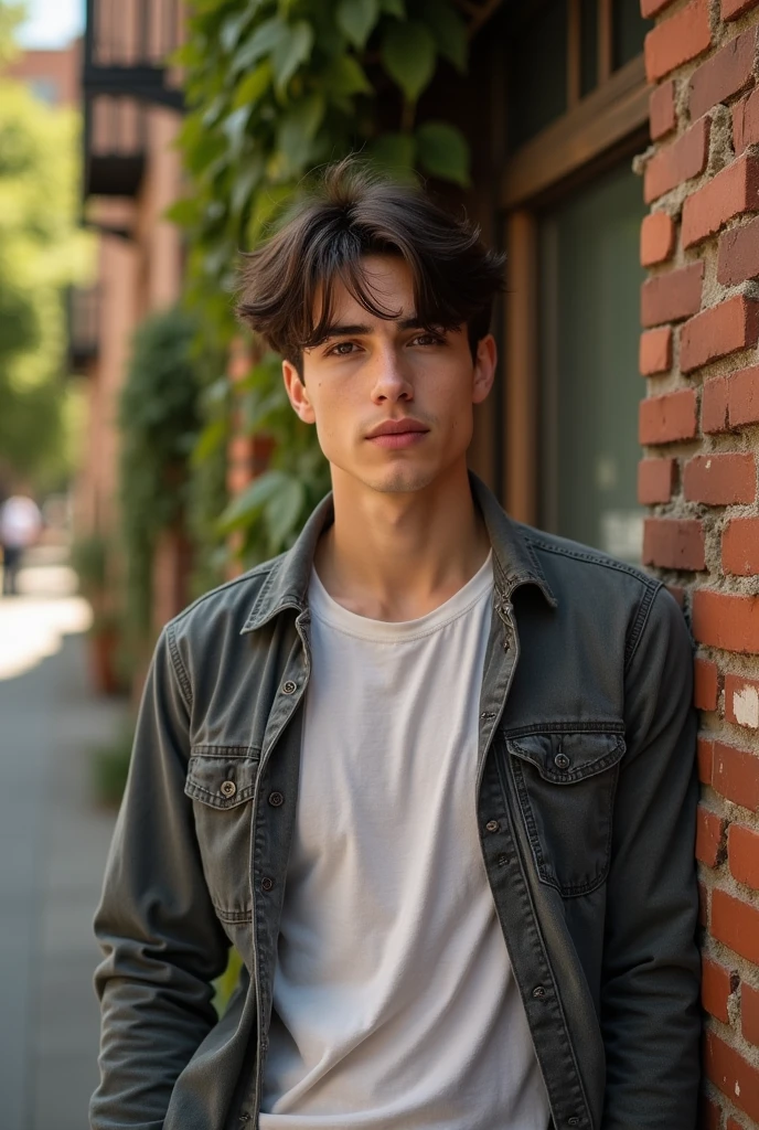 white skin man, 30years, shirt and casual jacket, messy dark brown straight hair
