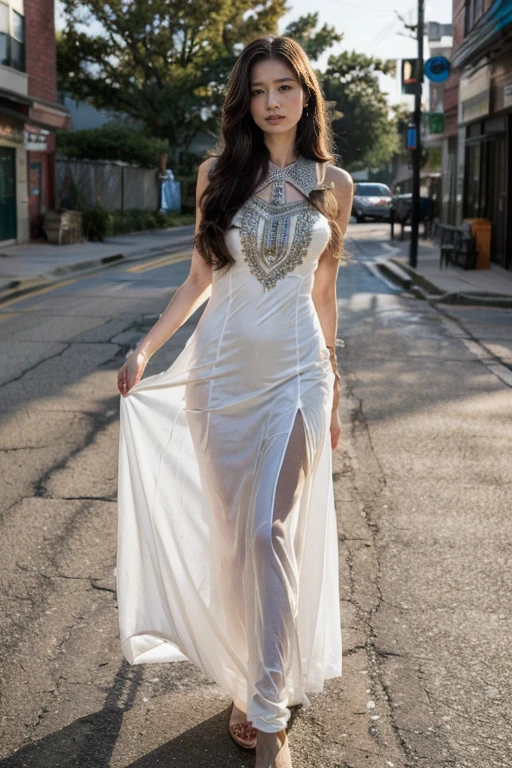 (RAW photos, best quality), (Practical, Photo Practical: 1.3), best quality, Very detailed, masterpiece, Ultra Detail, One Native American girl, Very detailed的脸部,Exquisite eyes, Full body portrait, Perfect body,(((Perfect Indian attire、Indian long dress))),Long legs,Long-range shooting, World masterpiece Theater, Stylish_long_hair, best quality, Movie Lighting,Standing on the streets of an American town