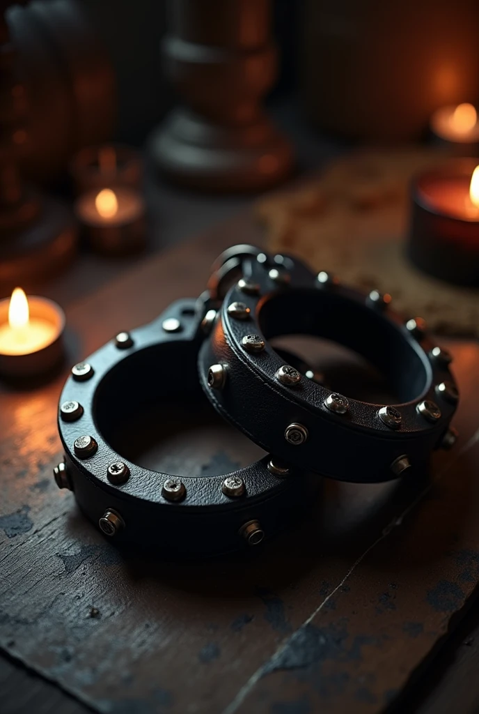 Wide black leather handcuffs