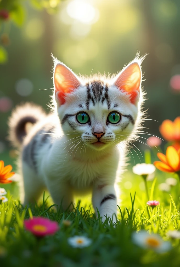 A small white cat with black  , with lime green stripes all over the body 