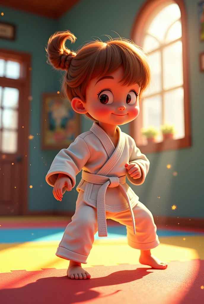 child,, chestnut hair, with braid , white belt jiujitsu, drawning , disney
