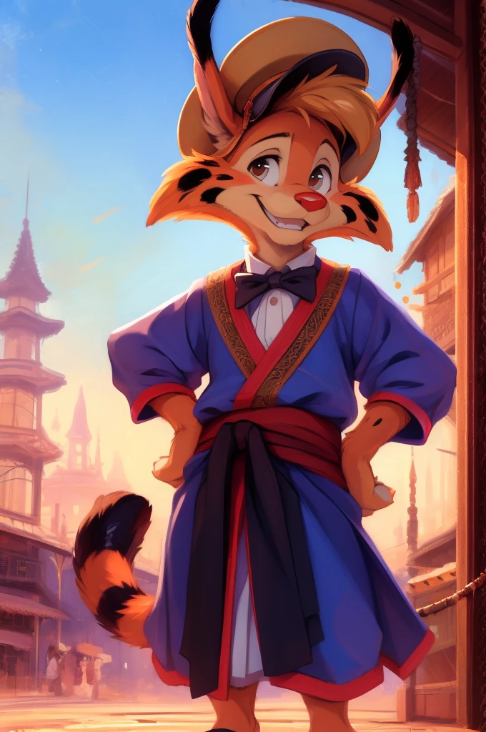 solo, standing, hands in hip, proud stance, red nose, steampunk outfit, newsboy cap, bowtie, hakama clothes, Tail, BonkersTVTonAniYif, grinning, showing teeth, smiling, winking,  [outdoors, steampunk, old japan, old tokyo, retro, taisho era japan,] (beautiful, aesthetic, perfect, delicate, intricate, masterpiece,) [by dagasi|ancesra:0.6], [by foxovh|personalami:0.5], [by einshelm|tom_fischbach], 