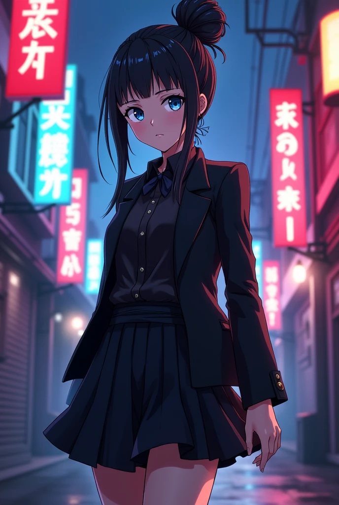 A female version of Gojo Satoru from Jujutsu Kaisen with her hair tied up, wearing a black jacket, black blouse, and skirt..
(anime, big breasts, somewhat flirty and sexy)