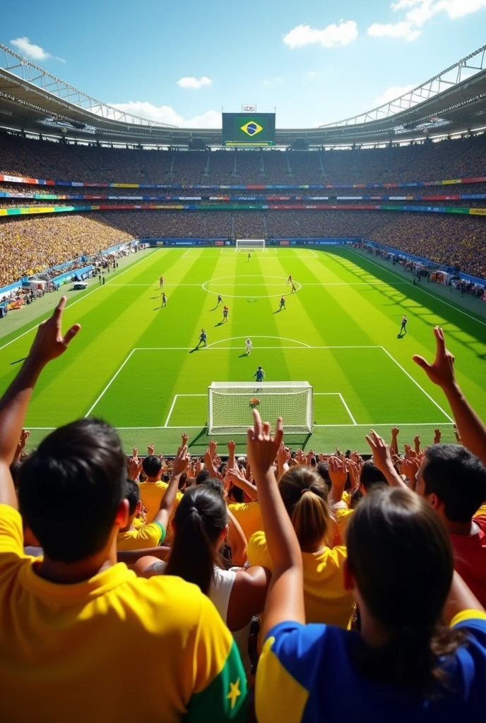 Create a Brazilian football field, point of view of a person in the stands, first-person view