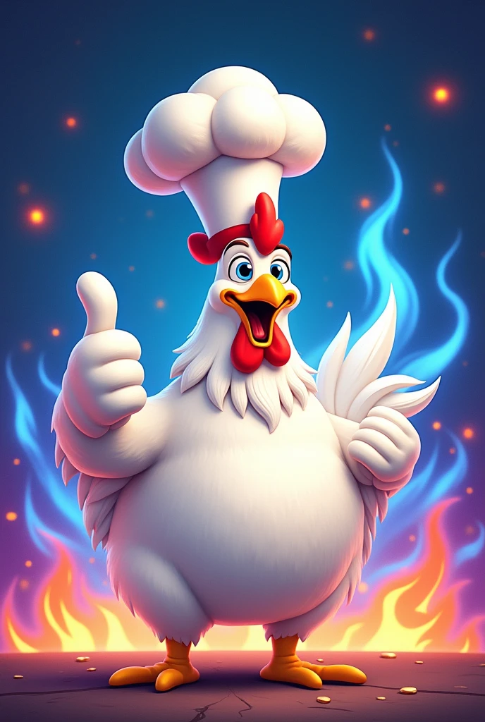 A white rooster wearing a chef's hat with his thumb up that's not realistic and surrounded by non-realistic but animated flames.
