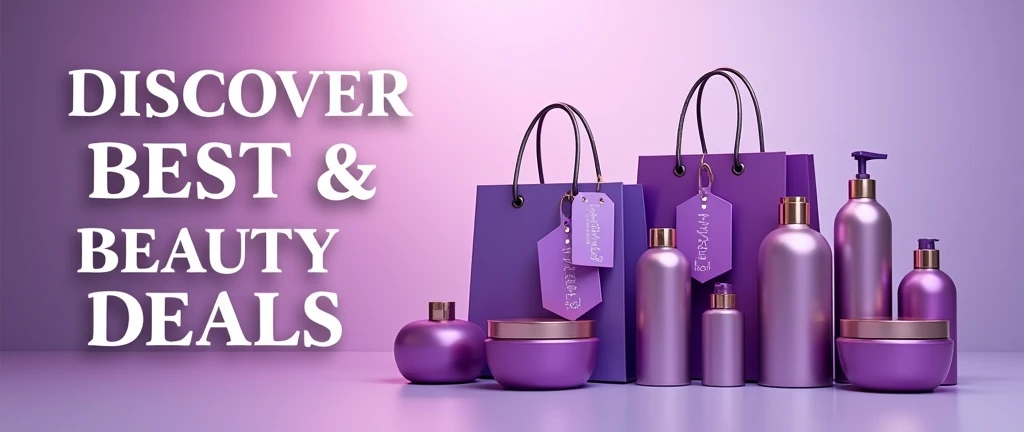 A Facebook cover image that visually represents an affiliate marketing profile focused on beauty products, particularly hair care items. The image should be in shades of purple, ranging from light to dark, to match the brand’s color scheme. Include elements like beauty products, hair care items (such as shampoo, conditioner, oils, and masks), shopping bags, and price tags to convey the idea of finding the best deals. The design should feel modern, clean, and trustworthy, with a professional yet friendly tone. Text overlay could say something like 'Discover the Best Beauty Deals' in a stylish, readable font.