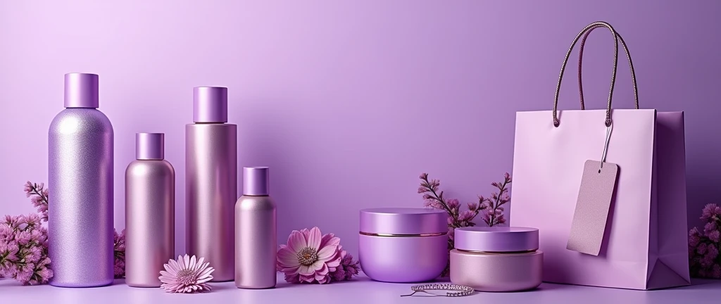 A Facebook cover image that visually represents an affiliate marketing profile focused on beauty products, particularly hair care items. The image should be in shades of purple, ranging from light to dark, to match the brand’s color scheme. Include elements like beauty products, hair care items (such as shampoo, conditioner, oils, and masks), shopping bags, and price tags to convey the idea of finding the best deals. The design should feel modern, clean, and trustworthy, with a professional yet friendly tone. Text overlay could say something like 'Discover the Best Beauty Deals' in a stylish, readable font.