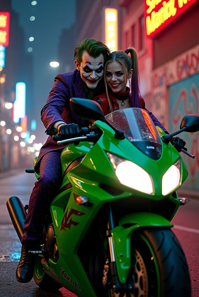 Joker Harley Quinn DC sur une moto Kawasaki verte