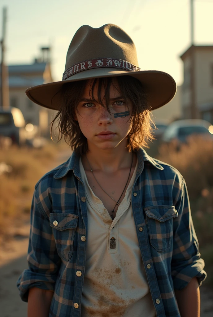Carl Grimes, 14-year-old boy, medium-length brown hair, a bandage on his right eye, thin, sheriff's hat, blue plaid shirt and a white polo, in a zombie apocalypse
