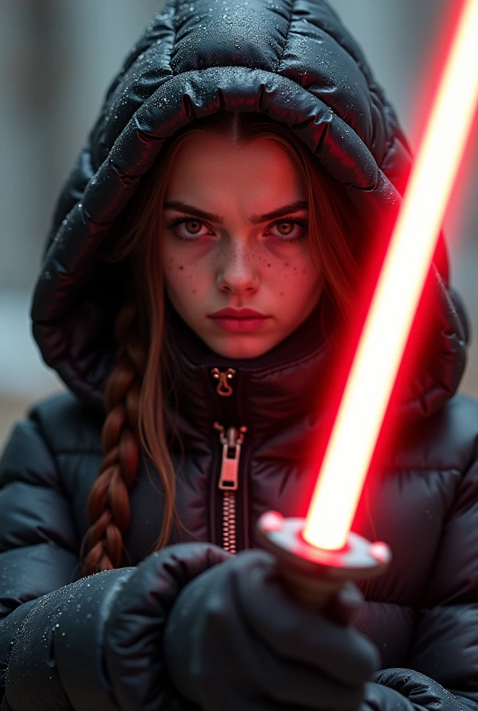 a slim ponytail 16 year old angry fire-eyed sith wielding her bright lightsaber, she is battling her slim nemesis,beautiful detailed eyes,beautiful freckles,beautiful detailed lips,extremely detailed eyes and face,longeyelashes, wearing beautiful detailed skintight airtight covering-head hooded armored formfitting duvetica overfilled shiny super gleamy thick glossy puffervest covering over her padded high-collared pufferjacket, glossy latex leggings,symmetrical,masterpiece,cinematic,lifelike,hyperrealistic,8k,photorealistic,highly detailed,intricate,exquisite,elegant,beautiful,stunning