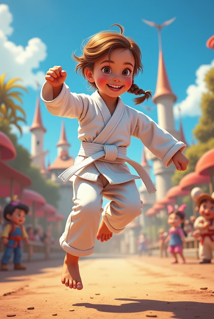 child,, chestnut hair, with braid , white belt jiujitsu, drawning , disney