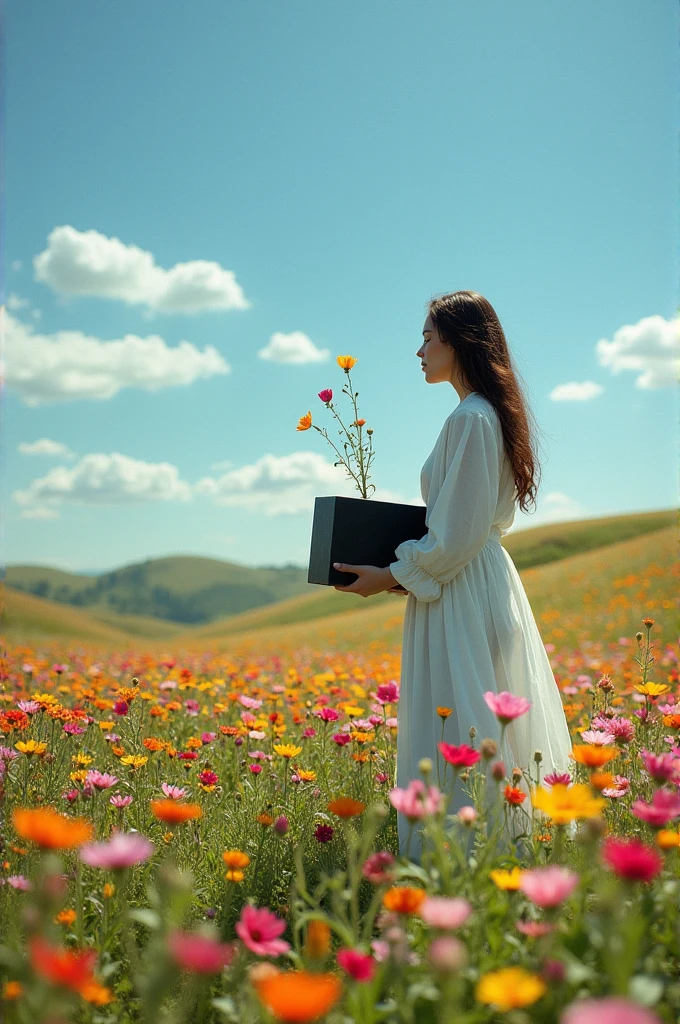 A scene where the person is in the middle of a field full of flowers, dropping a black box that symbolizes hate. As the box touches the ground, flowers begin to grow around it, symbolizing growth and healing.