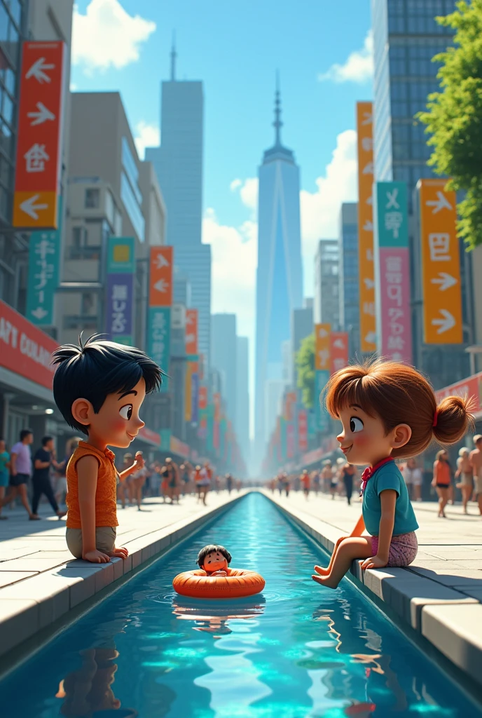 A horizontal image, 30 units wide by 21 units tall, depicting two people talking about another person who is on a raft in a city environment. Include a mirror effect for reflection, a road with signs in the background, and more people.