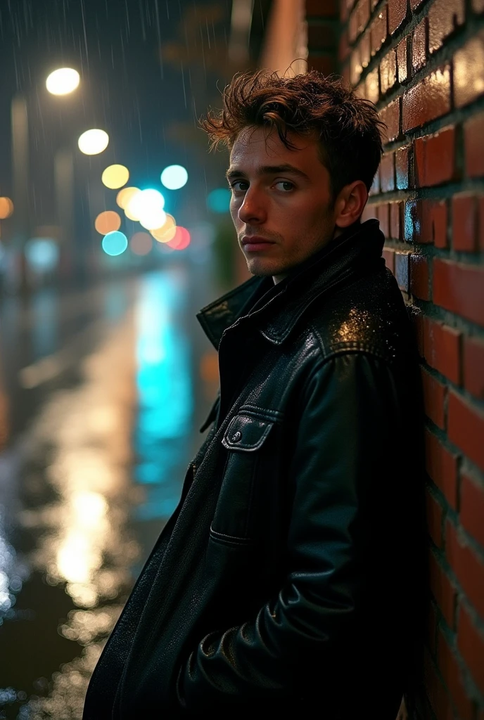 Generates an image of a man leaning against a street wall in a black jacket in the rain