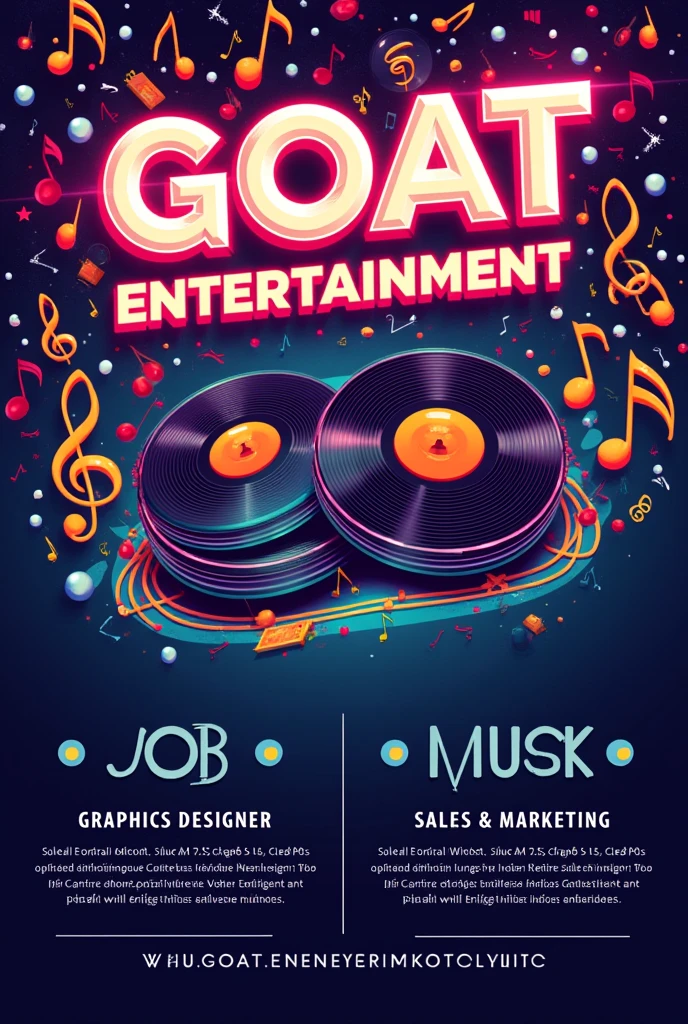 Poster with job opportunities from Goat Entertainment which are graphics designer, sales and marketing please use English language only also background should include music features and not animal features please make sure GOAT ENTERTAINMENT appears as heading