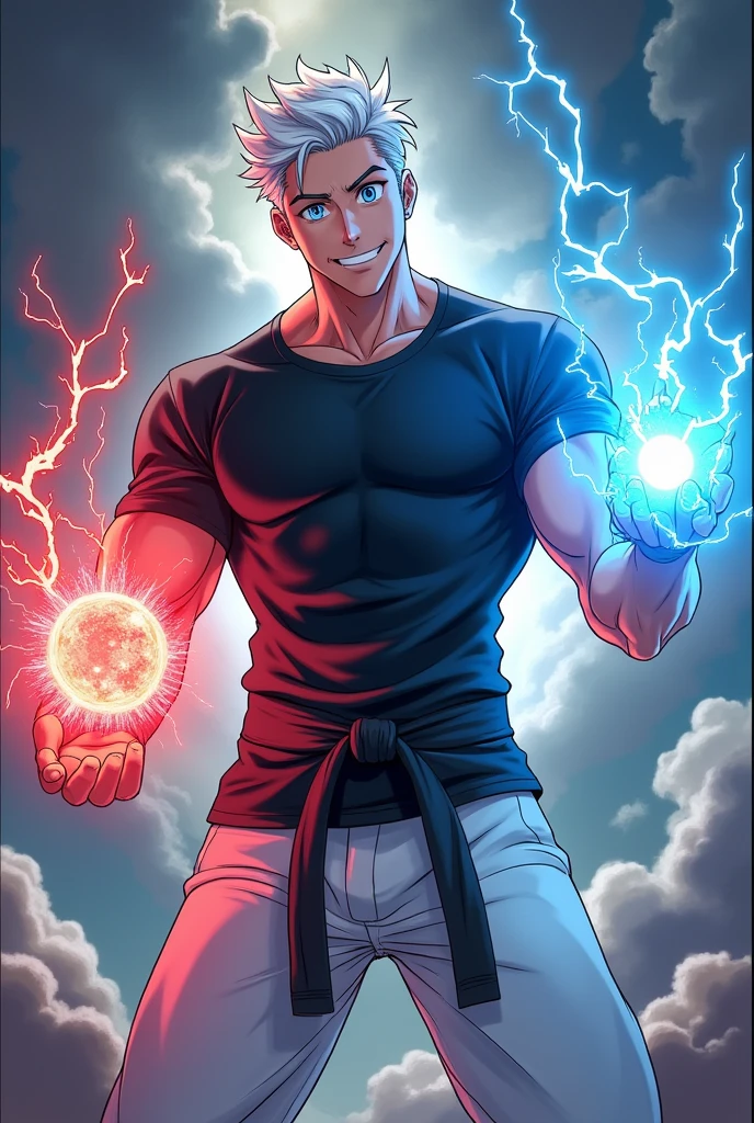 man smile face, body white skin, 80 kg muscular body, and white short hair, blue eyes,black T-shirt ,white leg karate ,shoot dark red lightning sphere from right hand,dark blue sphere from left hand anime style
