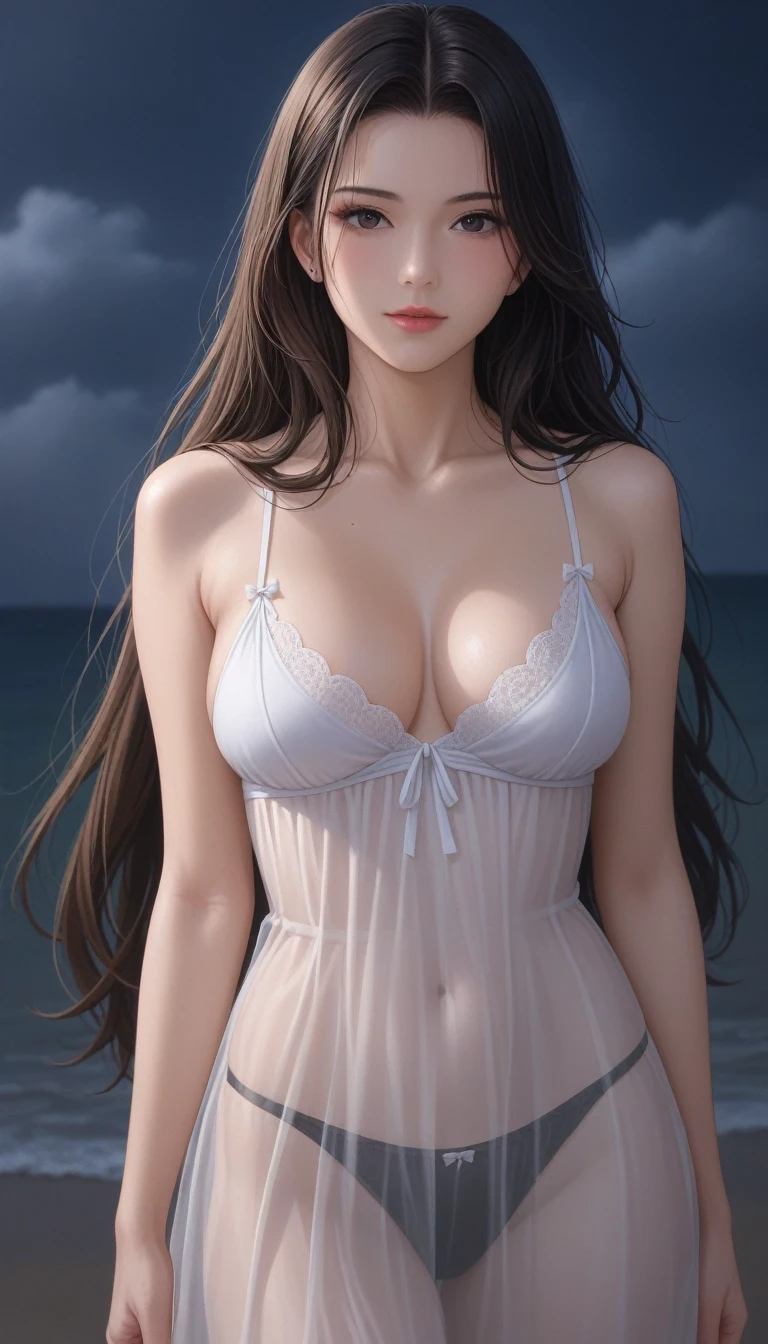 score_9, score_8_superior, score_7_superior, High-resolution CG illustration,A masterpiece in 32K resolution,Highest quality,it is really amazing,Very detailed,Ultra-high resolution,Ultra-realistic,Realistic,Increased depth of field,Cinematic lighting,
Sexy mature Japan woman,
Glossy black hair,Wavy long hair,Showing his forehead,god々Beautiful,Ultra-detailed and beautiful face,Sensual look,Beautiful dark brown, moist eyes,Pitch black eyes,Glowing, moisturized skin,Translucent white skin,born々New skin texture,Great proportions,
White camisole long dress,Black panties,
Wide open chest design,Deep slit showing the thighs,Detailed race decorations,詳細なborn地の質感,
A dark and blurry night background,Dark overcast sky on a dull night,Dark clouds filling the sky,Thundercloud,Coastline at night,Golden reflections on the sea surface,delay々A desolate sandy beach that continues,
Beautiful cleavage,Face close-up,High angle,