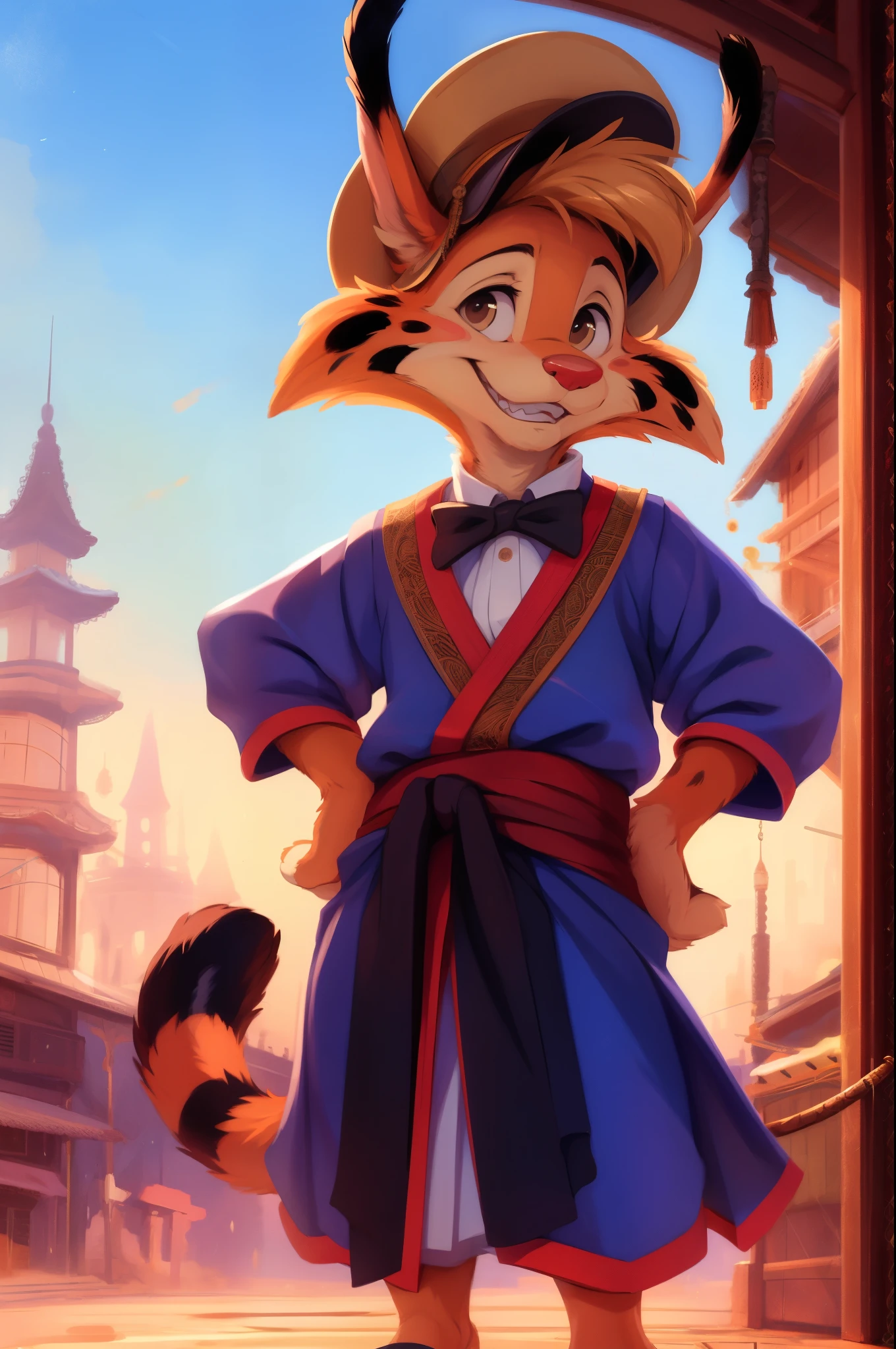 solo, standing, hands in hip, proud stance, red nose, steampunk outfit, newsboy cap, bowtie, hakama clothes, Tail, BonkersTVTonAniYif, grinning, showing teeth, smiling, winking,  [outdoors, steampunk, old japan, old tokyo, retro, taisho era japan,] (beautiful, aesthetic, perfect, delicate, intricate, masterpiece,) [by dagasi|ancesra:0.6], [by foxovh|personalami:0.5], [by einshelm|tom_fischbach], 