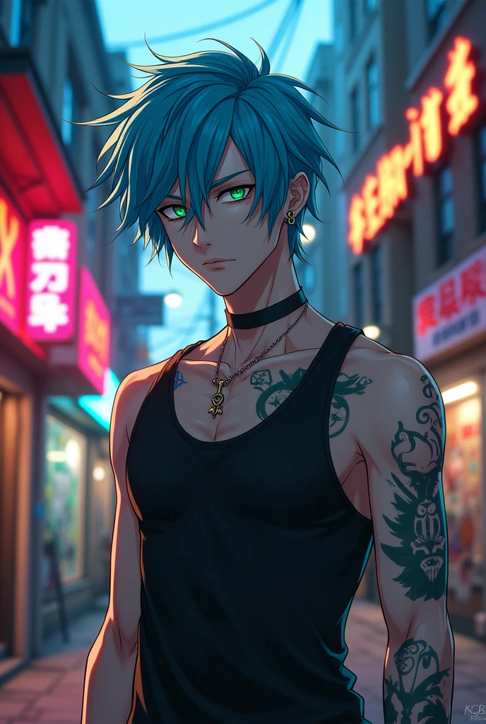 A white man with sky blue hair, punk style, green eyes and ear piercings. Serious expression and black vest. Anime style