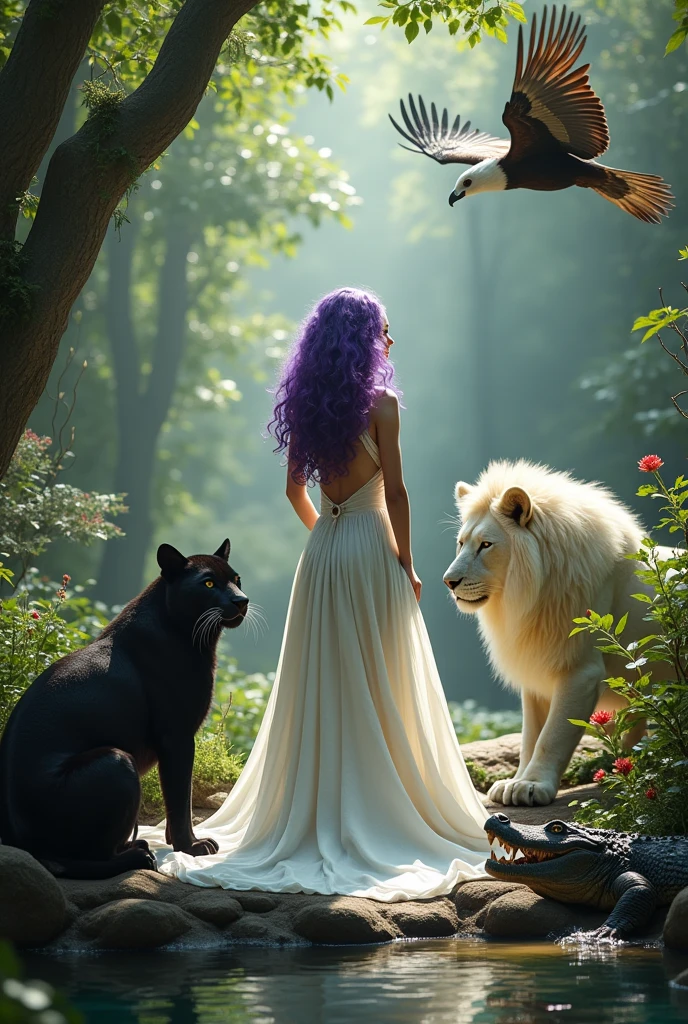 Caucasian woman with her back to the camera, purple curly hair, dressed in a white gown, Red lips, surrounded by a large black jaguar, an eagle ,a wolf, A crocodile, a big white lion and plants 