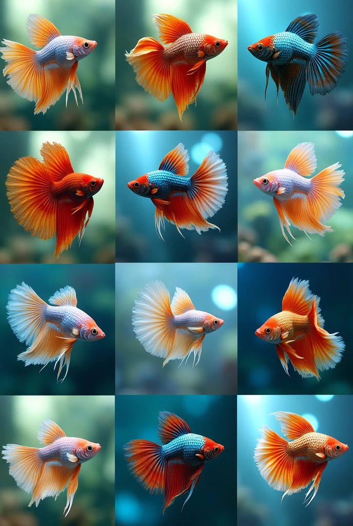 Create a collage of 12 Siamese fighting fish