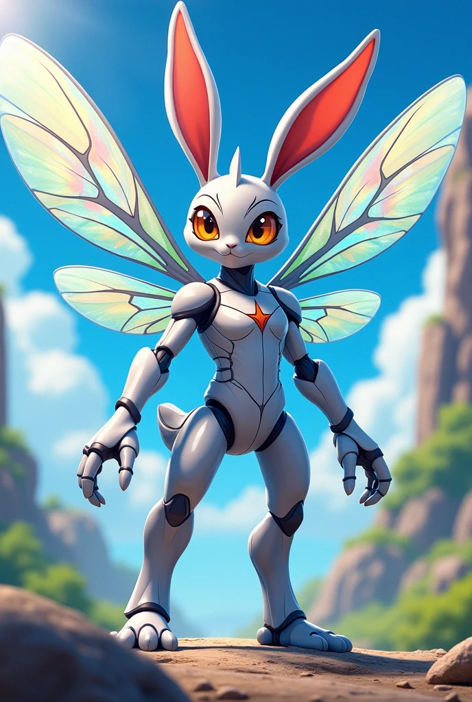 A anime style humaniod creature.
 Appearance: a chimera , half bunny half man half dragonfly.  With big  wings, Big anime eyes. Two Big stingers for hands and wearing a exoskeleton 
 Style : cel shaded , 3d , anime, Full-body,  t pose.
This is a digimon 