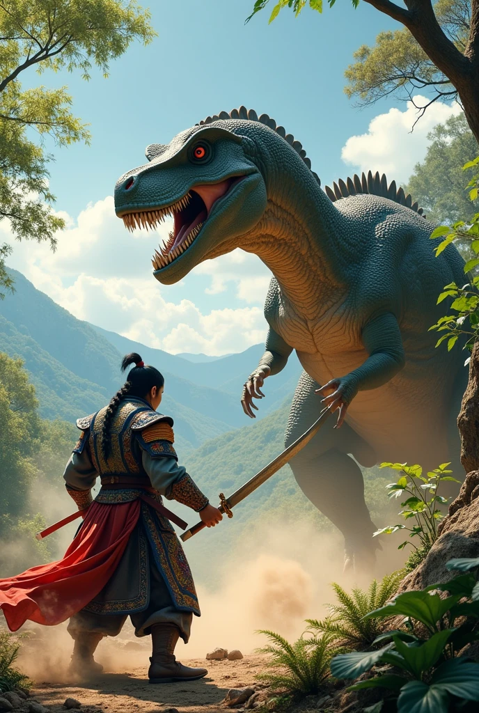 Korean fighting a dinosaur with swords