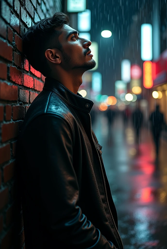 Generates an image of a man leaning against a street wall in a black jacket in the rain