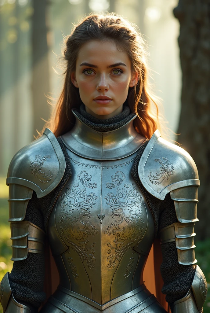 Woman wearing silver armor with chainmail underneath , greeneyes , calm countenance .