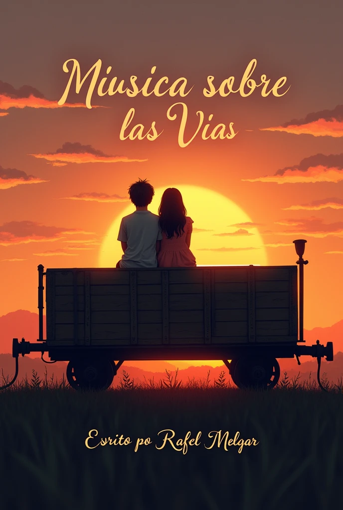 Wanna, that in the image there are 2 people a boy and a girl of , in a sunset, on a train, below all that, that you put a treble clef, The title will be: Music on the Rails that put it up, below next to the treble clef I want you to put: Written by Rafael Melgar, those two parts in Spanish.
But not as lively.
