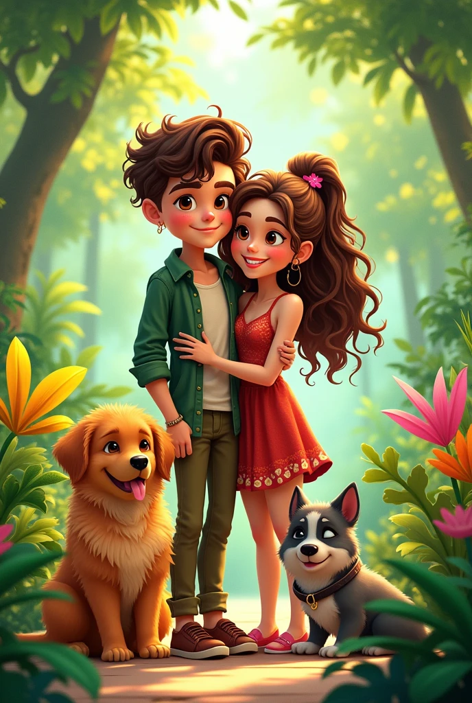 Create a cartoon couple. The couple has brown curly hair and light brown eyes. 
The boy has long hair in a ponytail, a piercing on his eyebrow and the girl has piercings on her cheeks.
There are two dogs, a small one all orange with lots of fur. 
The other dog is big and looks like a wolf but has less fur but a pretty wild look.
The background full of plants because the girl loves plants.
The smaller and hairier orange dog.
The boy has long brown hair and the girl does too 
