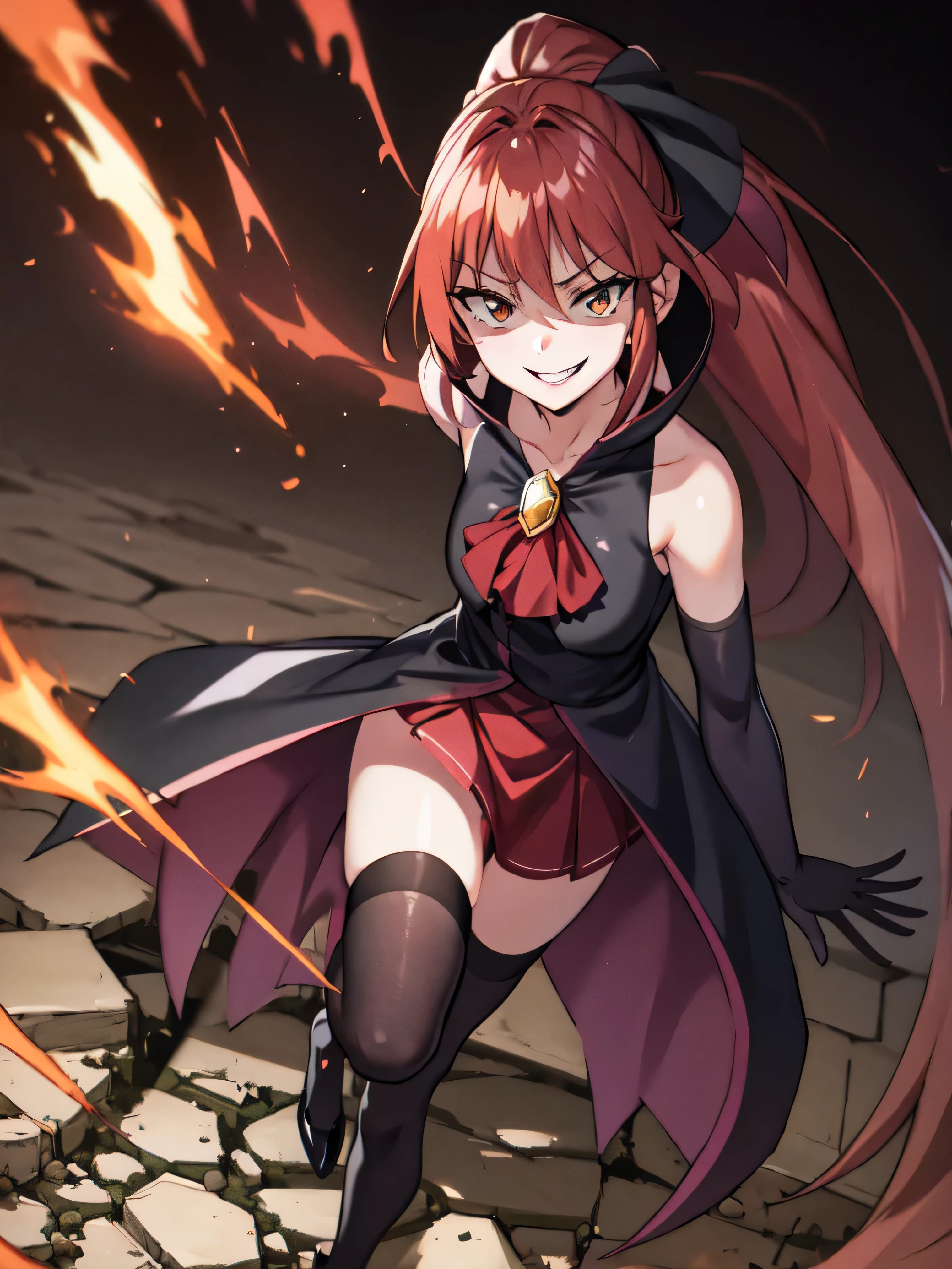 Highest quality, masterpiece, One Girl,Not beautiful, Red Ponytail, Long dress, brooch, Hair Ribbon, Black knee socks, Standing on the rubble, , ,,Dark shadow face,Sadistic smile,Malice,Contempt,smile,latex,Bad face,,Red Skirt,both hands,Two legs,Five Fingers,Evil background,Elbow fullgloves,latex,eivl laugh, Debish Aura (Shiny fabric:1.5),Dark world background,solo,Burning cityscape
