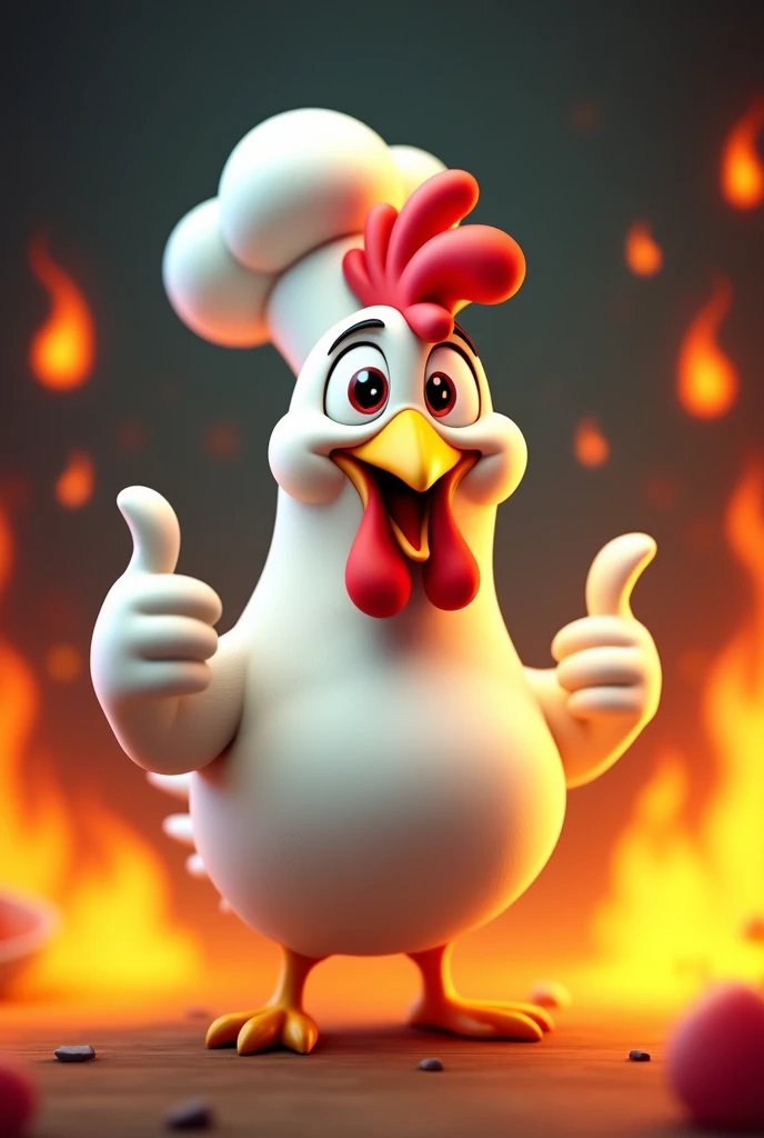 A white rooster that looks good with a chef's hat and thumbs up that is not realistic and surrounded by flames that are not realistic but animated.