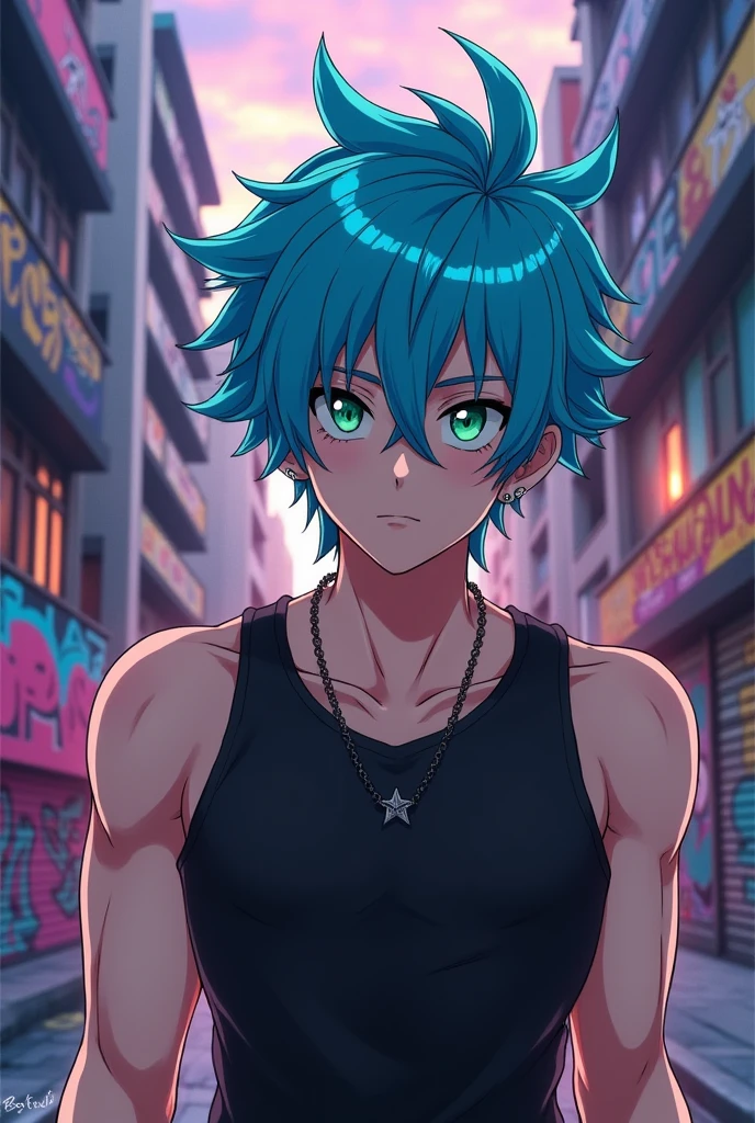 A white man with sky blue hair, punk style, green eyes and ear piercings. Serious expression and black vest. Anime style