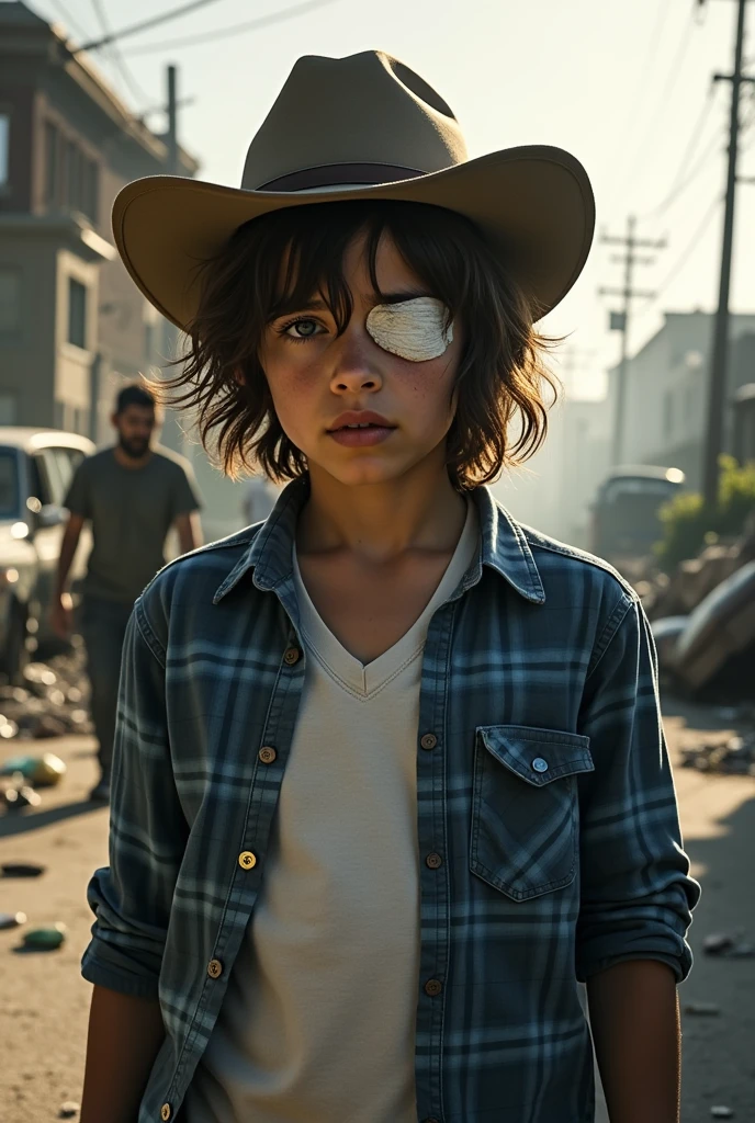 Carl Grimes,  boy, medium-length brown hair, a white bandage covering his entire right eye, thin, sheriff's hat, blue plaid shirt and a white polo, in a zombie apocalypse
