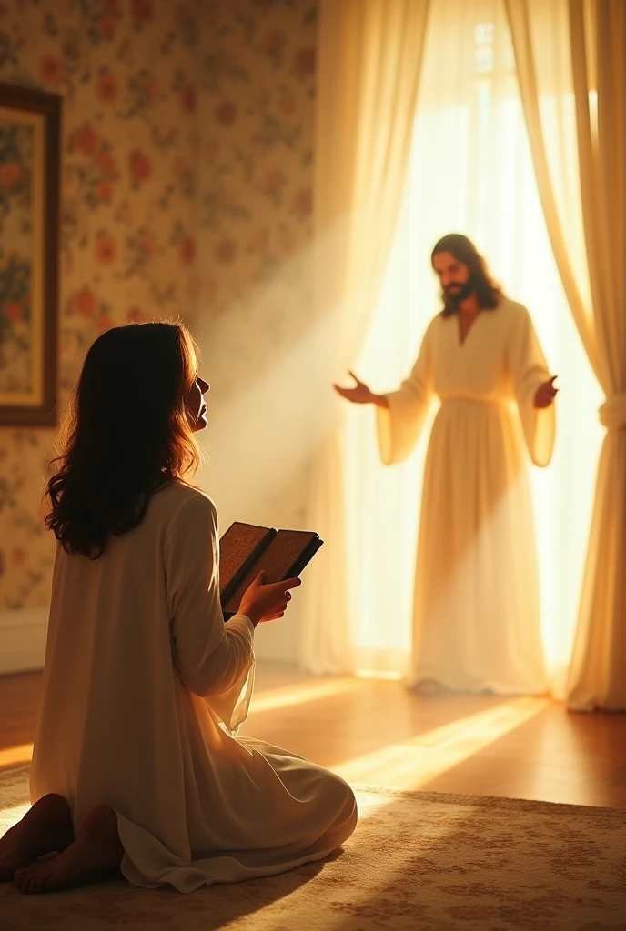 A woman in a room kneeling with the bible in her hand and Jesus to her right in the Holy Spirit and truth,her physical features are shoulder-length hair,brown hair with some highlights and white skin,