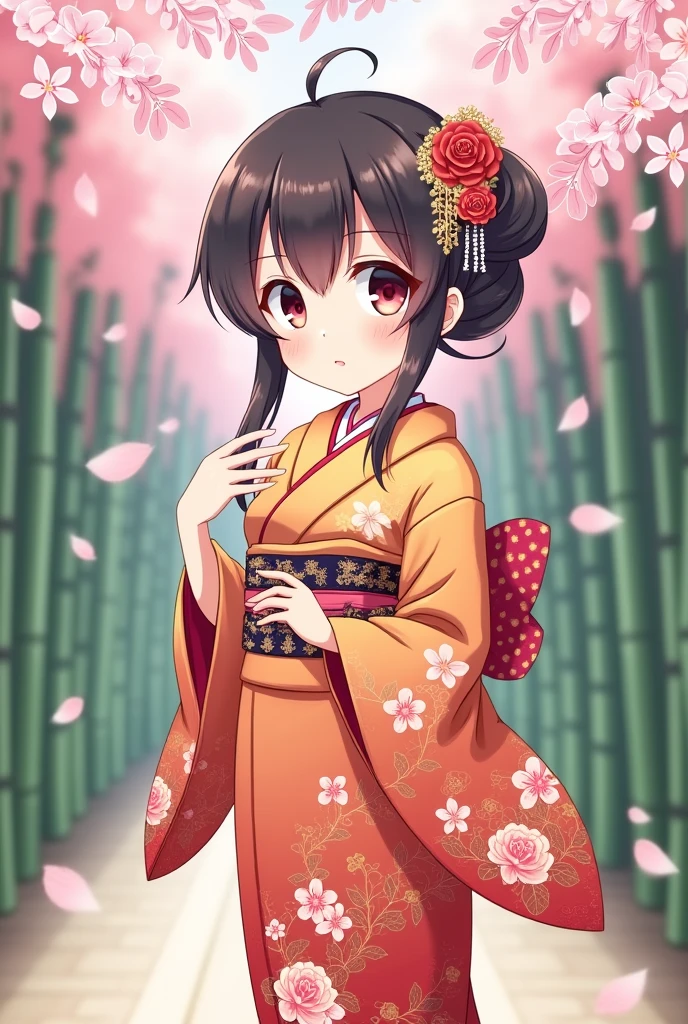 a Japanese woman wearing a kimono, with chibi anime features