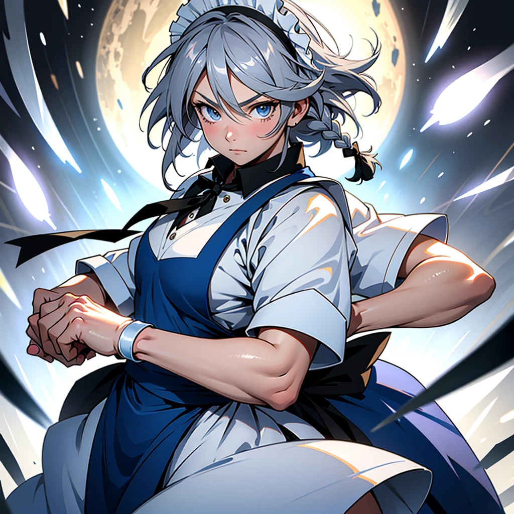 アニメ (8k, masterpiece, Best quality, high resolution), fantasy, Cute face, kawaii, Cute, Very big eyes, Aesthetic anime eyes, small face,
1 girl, only, (Izayoi Sakuya), blue eyes, Maid headdress, braid, gray hair, Maid, twin braiders, Short hair, cuffs, bow, hair bow, short sleeves, ribbon, apron, holding a knife, clock, serious, (light particles), lines of movement, dynamic angle, battle, wind, struggle, (cowboy shot), look at the viewer,