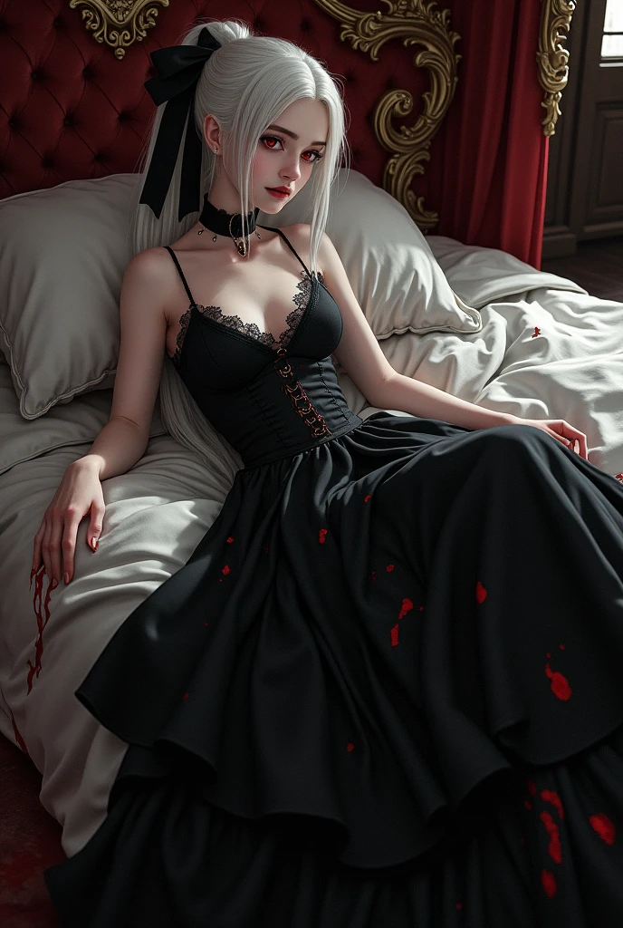 long white hair， girl，White stockings on her legs，Bedridden Bloodied Shalltear from Overlord, vampire fighter, (( form-fitting soft black evening dress with a large heavy skirt, adorned with a lace ribbon and a short custom-made jacket, giant ribbon in hair, multi-layered skirt, hairpin, wine liquid)), (White skin, White hairstyle with a long ponytail, bright red pupil, blood's effect on the body, Unsettling aura, body shape), (Masterpieces, a high resolution, fantasy art), Queen's bedroom background