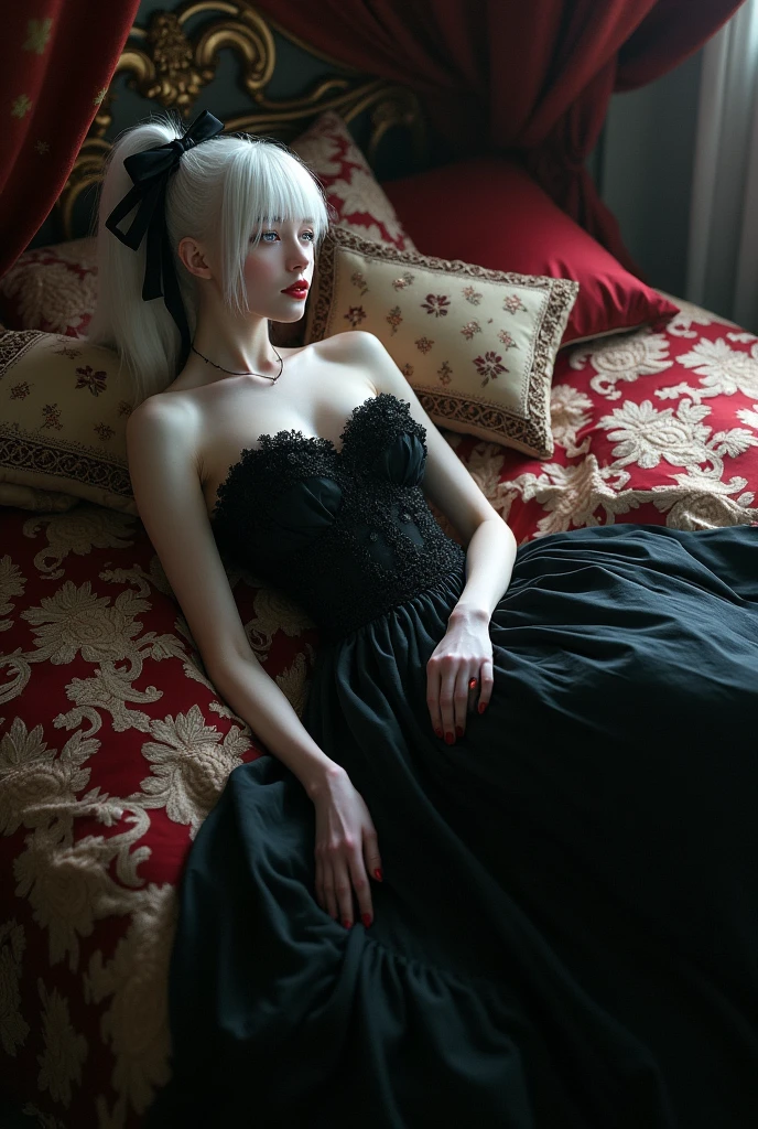 long white hair,16 year old girl,White stockings on her legs,Bedridden Bloodied Shalltear from Overlord, vampire fighter, (( form-fitting soft black evening dress with a large heavy skirt, adorned with a lace ribbon and a short custom-made jacket, giant ribbon in hair, multi-layered skirt, hairpin, wine liquid)), (White skin, White hairstyle with a long ponytail, bright red pupil, blood's effect on the body, Unsettling aura, body shape), (Masterpieces, a high resolution, fantasy art), Queen's bedroom background