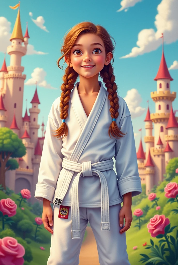 child,, chestnut hair, with braid , white belt jiujitsu, drawning , disney
