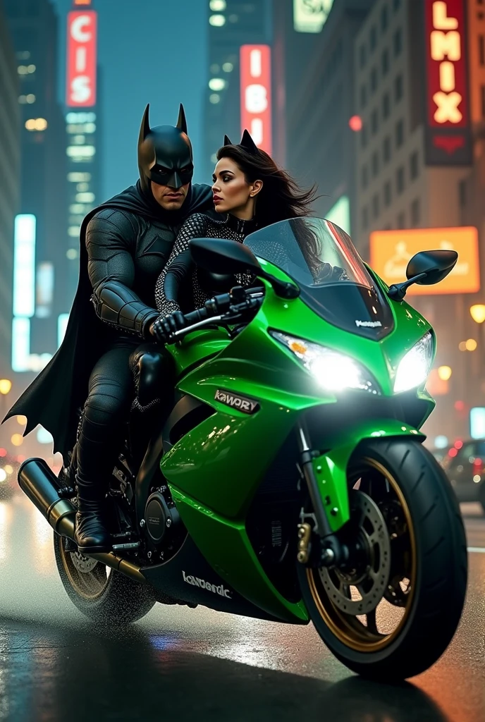 Batman and Catwoman from DC on a green Kawasaki motorcycle