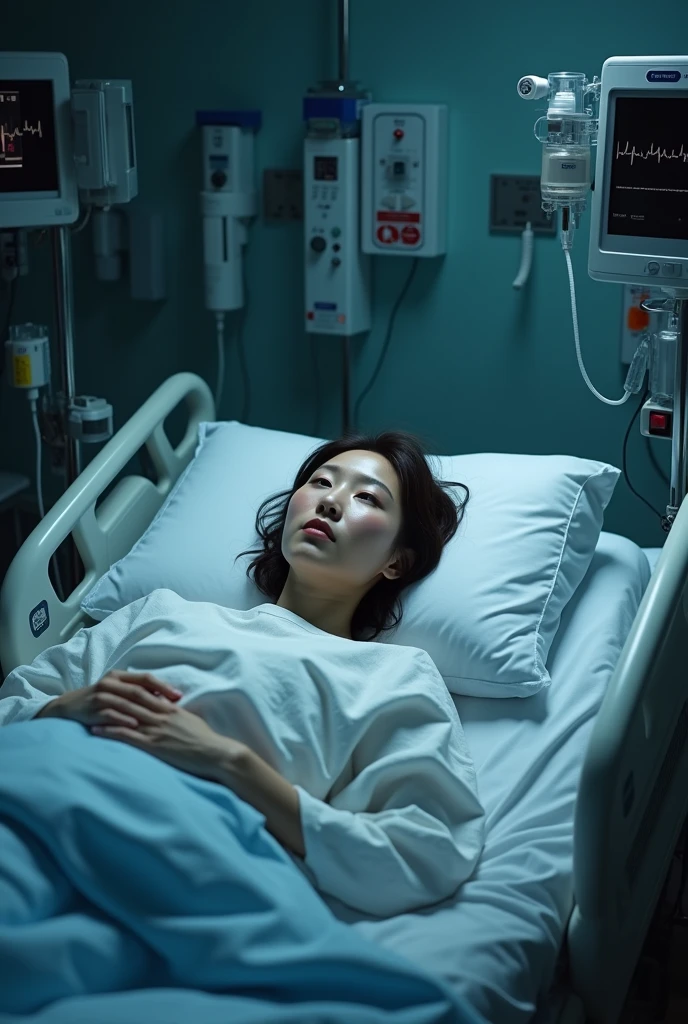 A Japanese woman who underwent heart surgery。165cm tall, wearing a surgical gown and lying in bed in the intensive care unit.。A woman with tubes connected to her body。